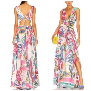 PatBo Flora Maxi Cut Out Plunge Ruffle Dress Tropical Floral Gown Sz 2 xsmall